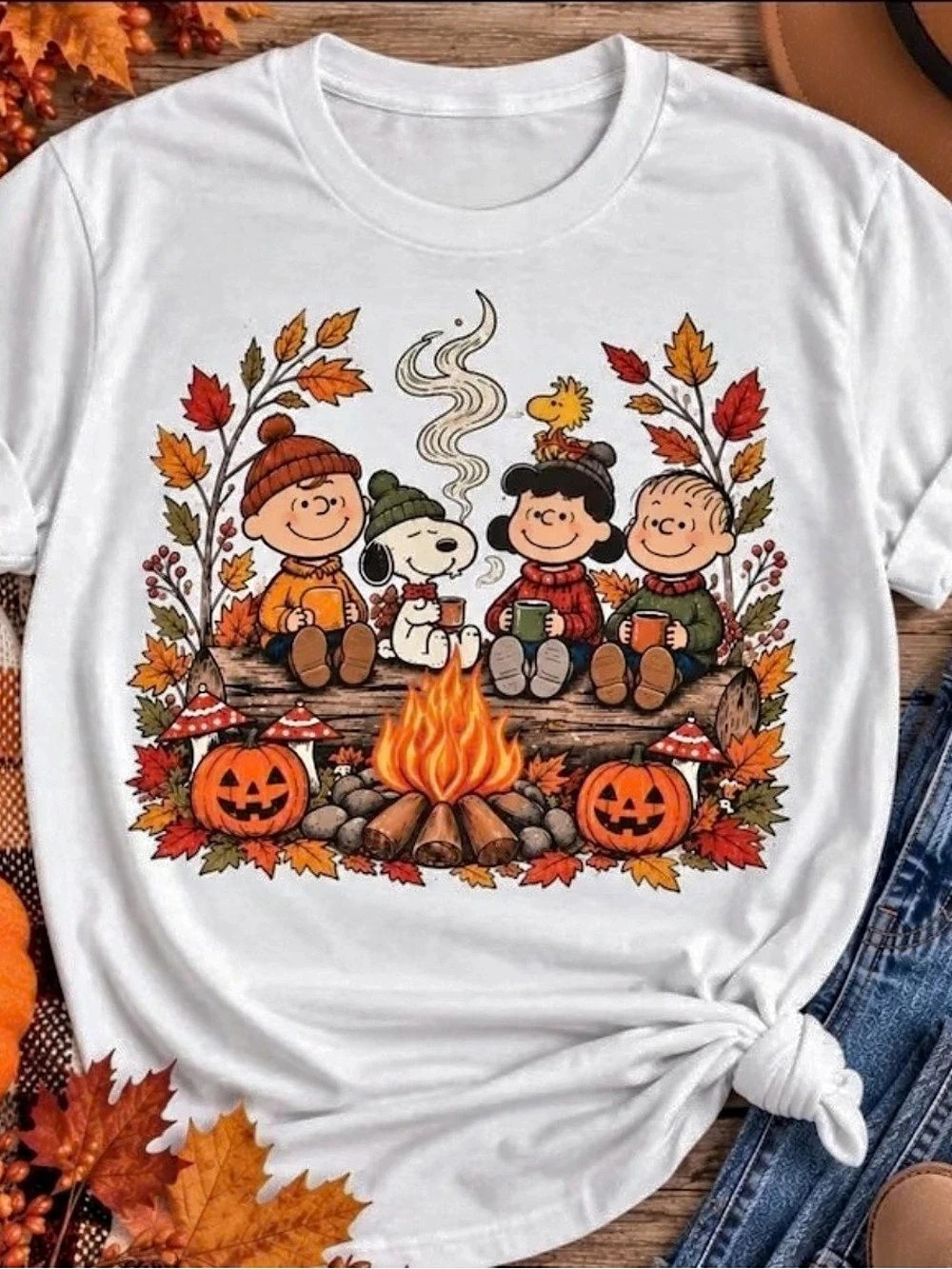 Vintage Snoop and Friends Graphic T-Shirt, Autumn Camping Illustration